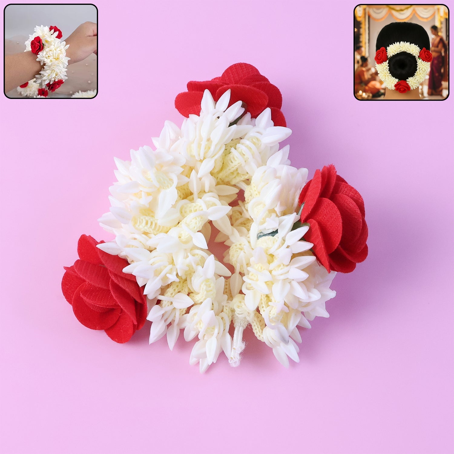 Artificial Jasmine Gajra hair accessory with red roses