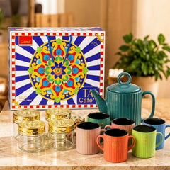 Ceramic Tea Gift Set with 6 Mugs, Teapot & 4 Glass Storage Jars (11 in 1)