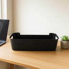 Pack of four black plastic storage trays stacked