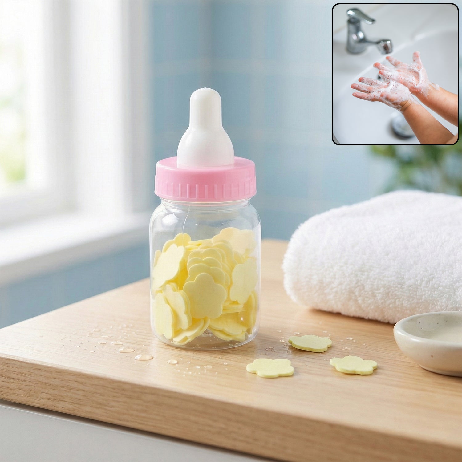 Portable baby bottle shaped soap paper sheets set in compact container