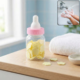 Portable baby bottle shaped soap paper sheets set in compact container