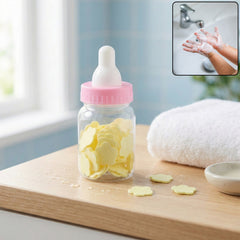 Portable baby bottle shaped soap paper sheets set in compact container