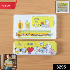 Cartoon printed metal pencil box with school supplies