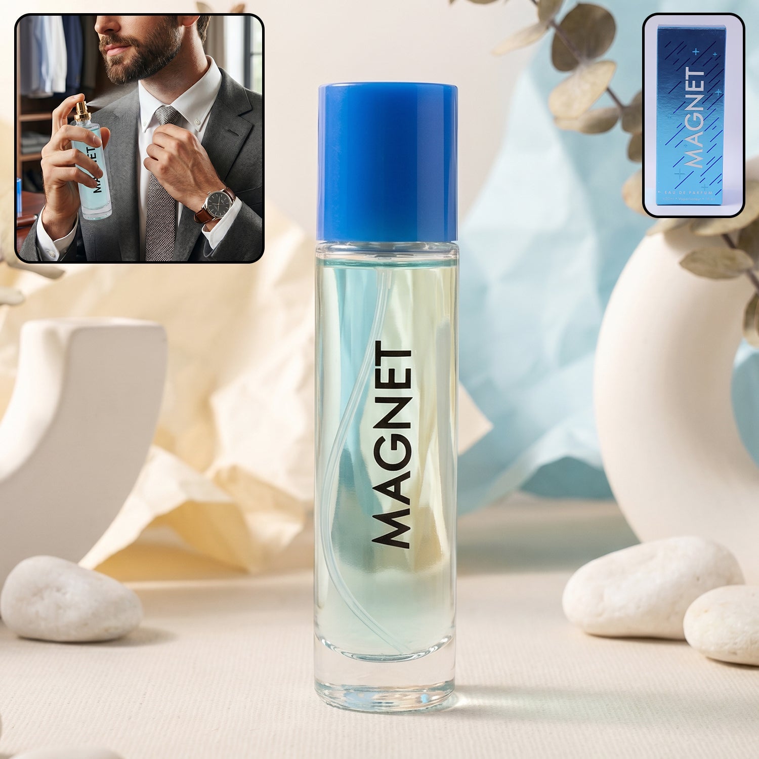 Magnet Eau De Parfum elegant spray bottle with blue cap
