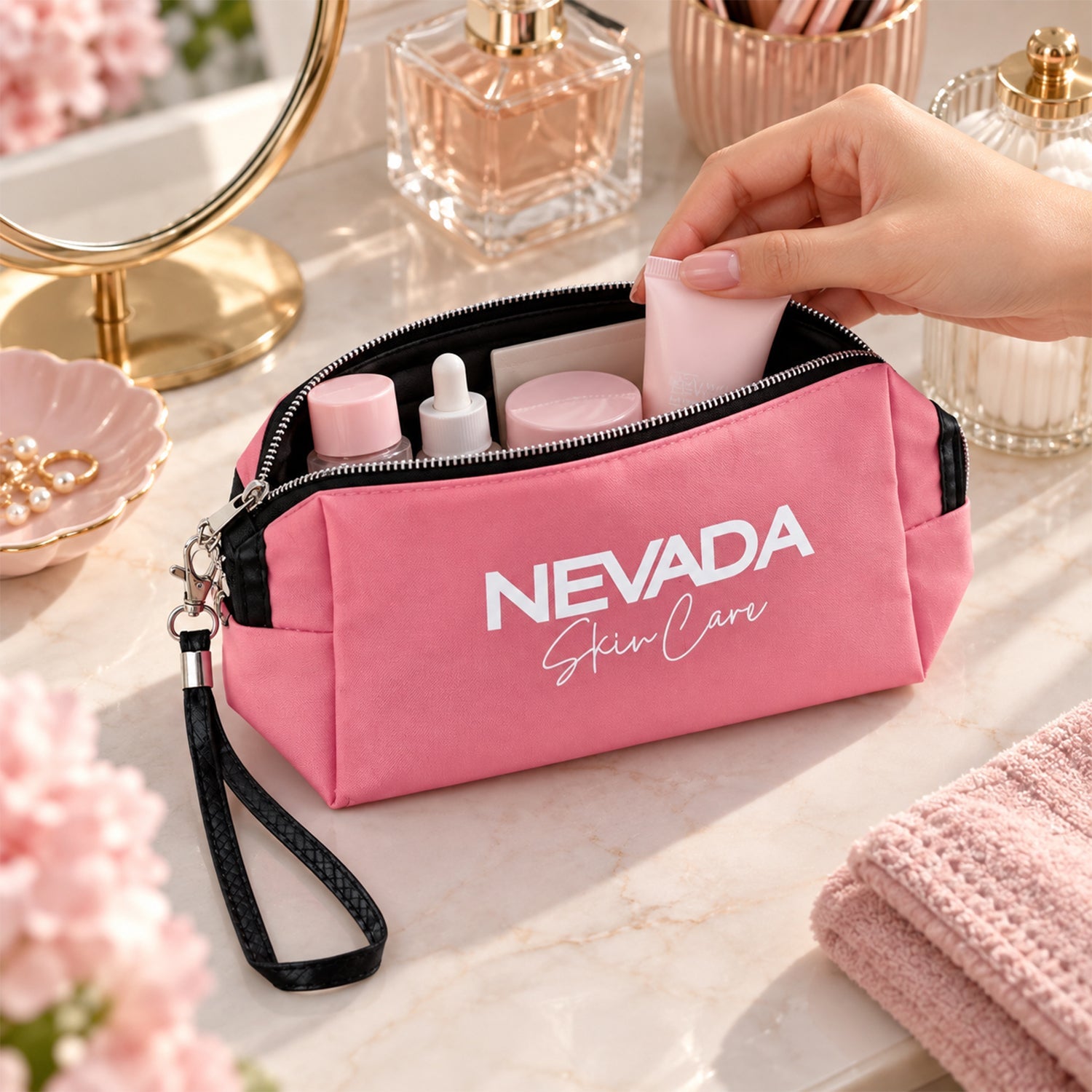 Cosmetic pouch zipper detachable wrist strap