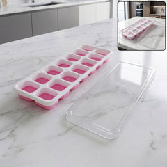 Pink plastic ice cube tray with lid