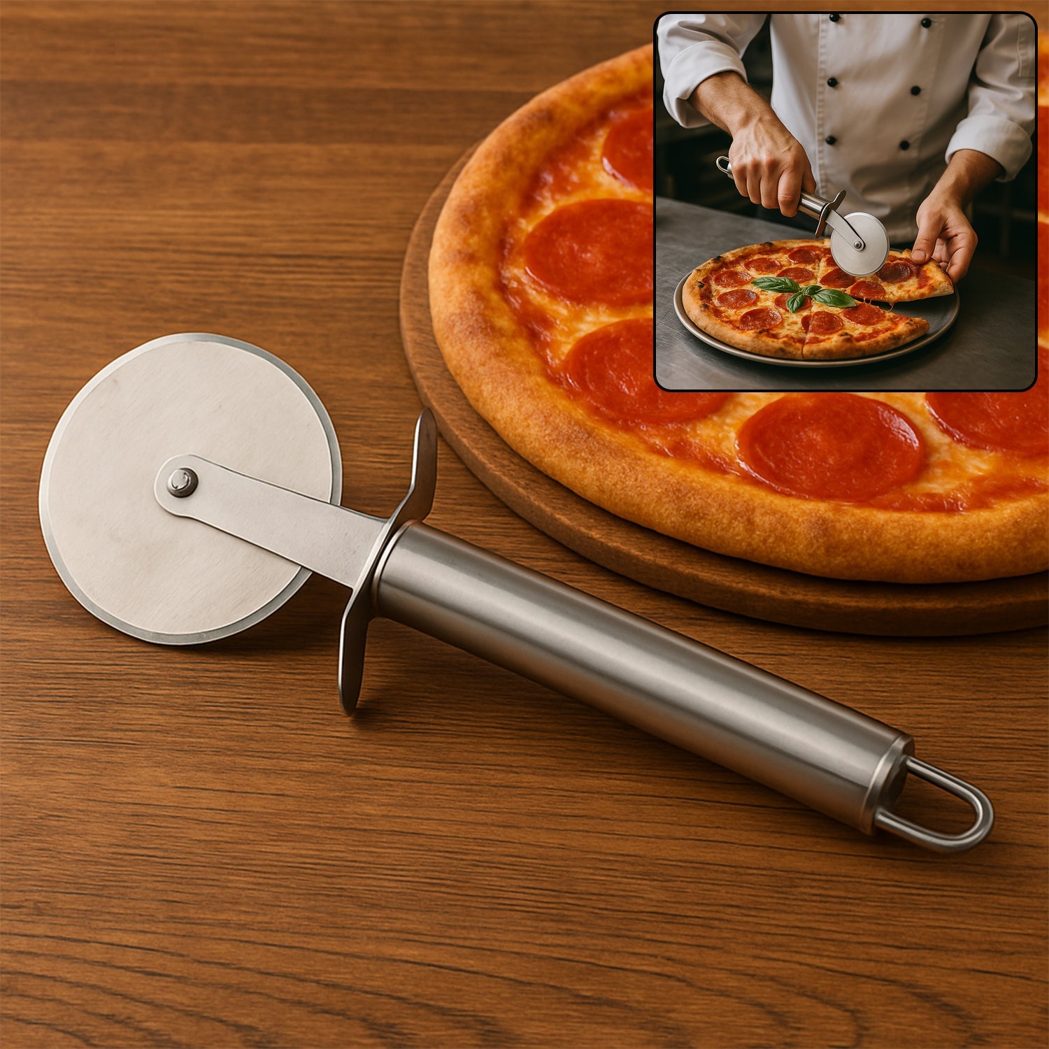 Premium stainless steel pizza cutter with ergonomic handle