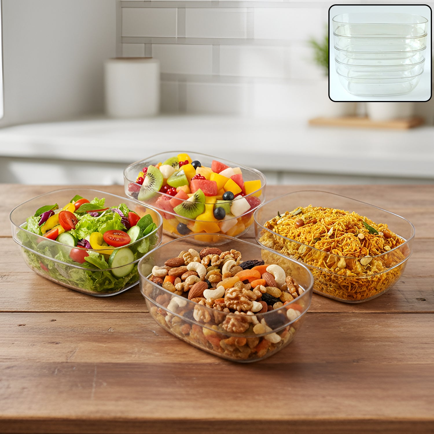 Clear multipurpose serving bowl set displaying stackable transparent bowls