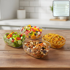 Clear multipurpose serving bowl set displaying stackable transparent bowls