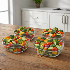 Clear food serving bowls stacked neatly