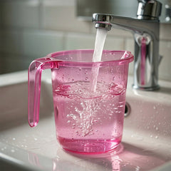 bright color plastic bathroom mugs stacked