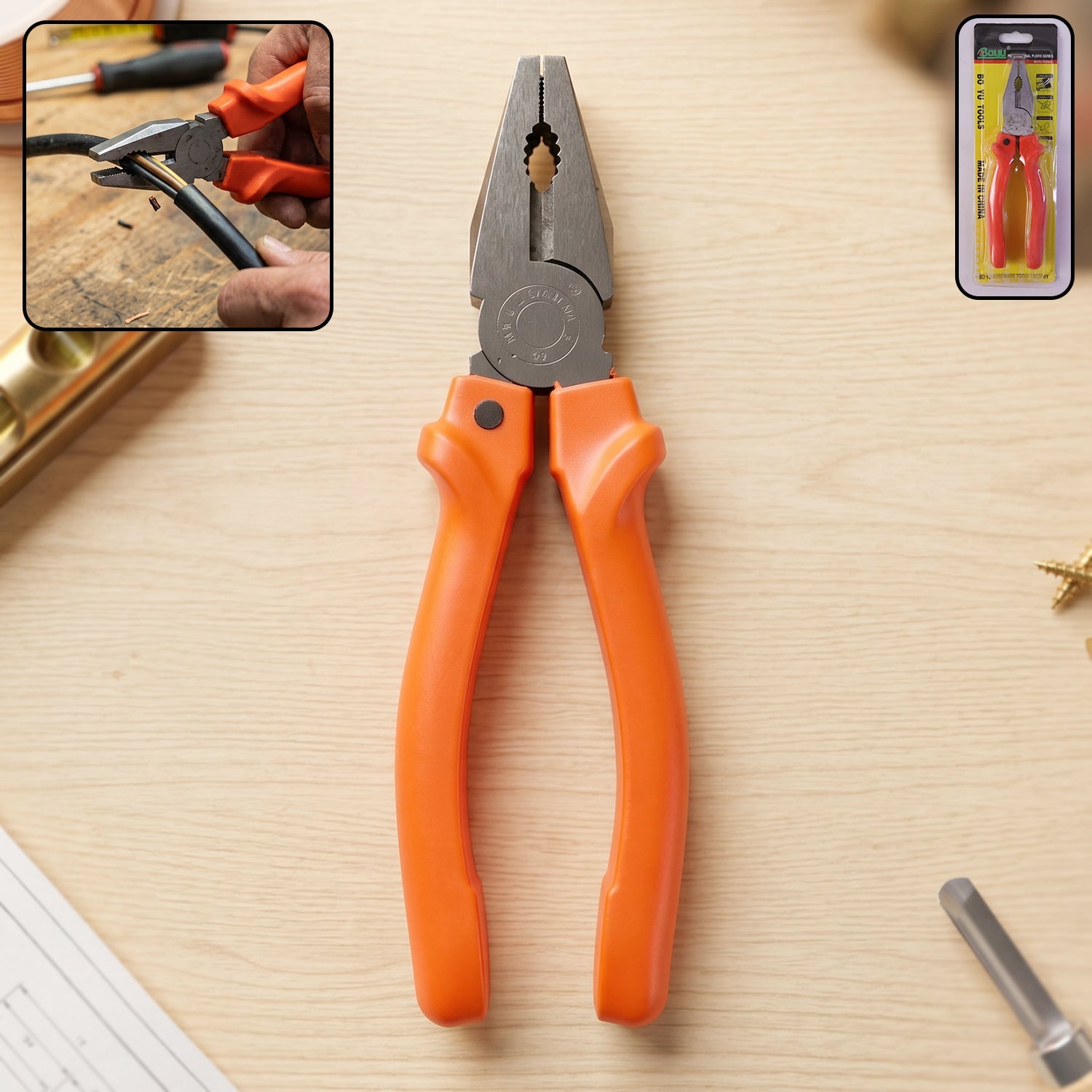 Heavy-duty combination pliers with orange handle and steel jaws for electrical work
