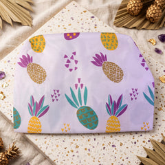 Close up of the printed fabric and stitching