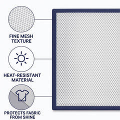 Ironing mesh press cloth in use, protecting a dark shirt