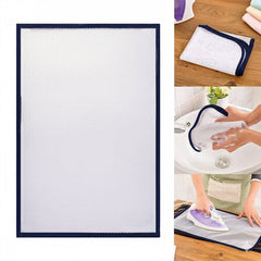Person ironing a garment with the protective mesh cloth