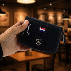 Zipper pocket detail of black card holder wallet
