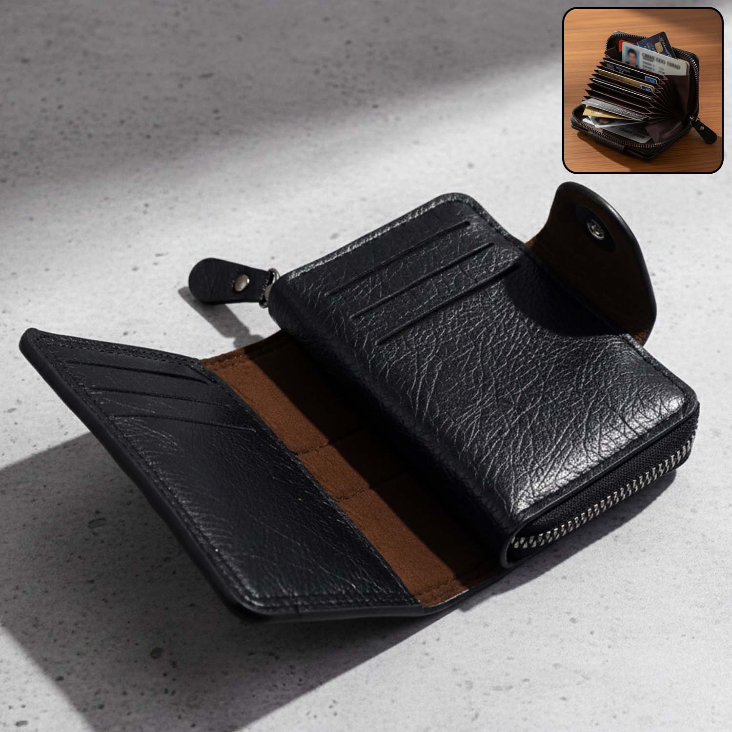 Premium black zip-around card holder wallet front view