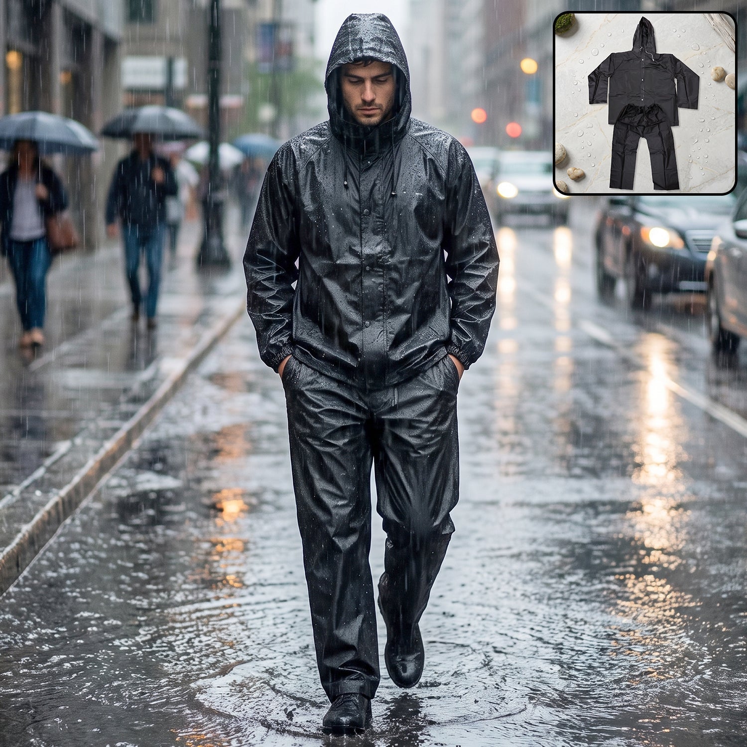 Reusable waterproof EVA rain coat set with hood, jacket and pant (1 set)