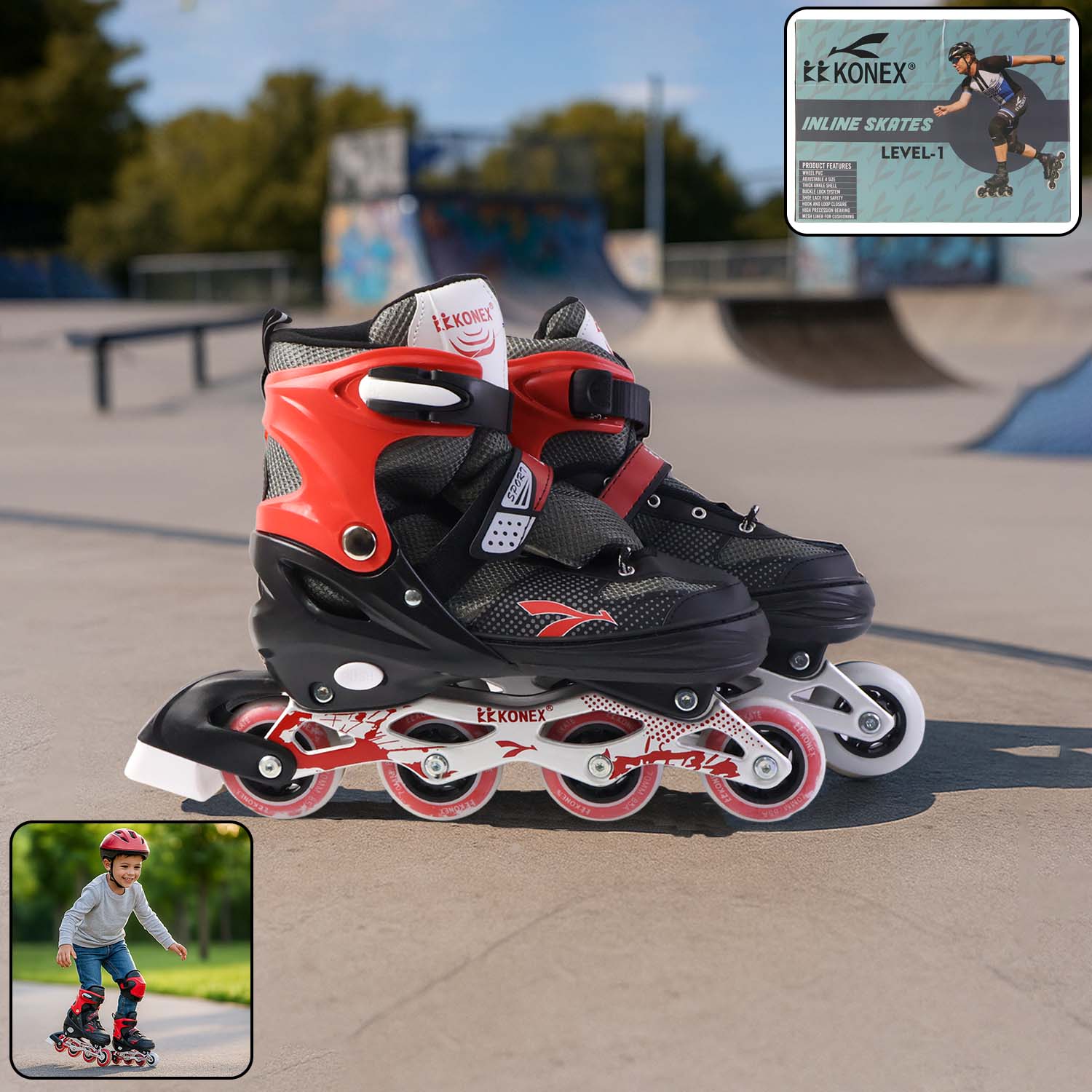 Professional adjustable inline skates with red and black design