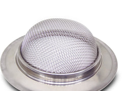 Hand holding a stainless steel sink strainer