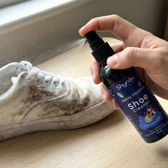 Messy Steppers Shoe Cleaner Spray used on white sneakers