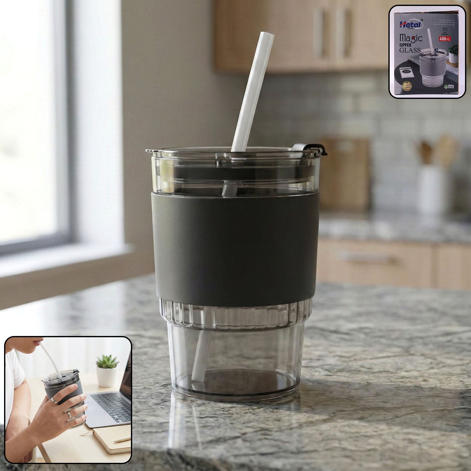 Monaco 400 ML transparent plastic tumbler with lid and straw