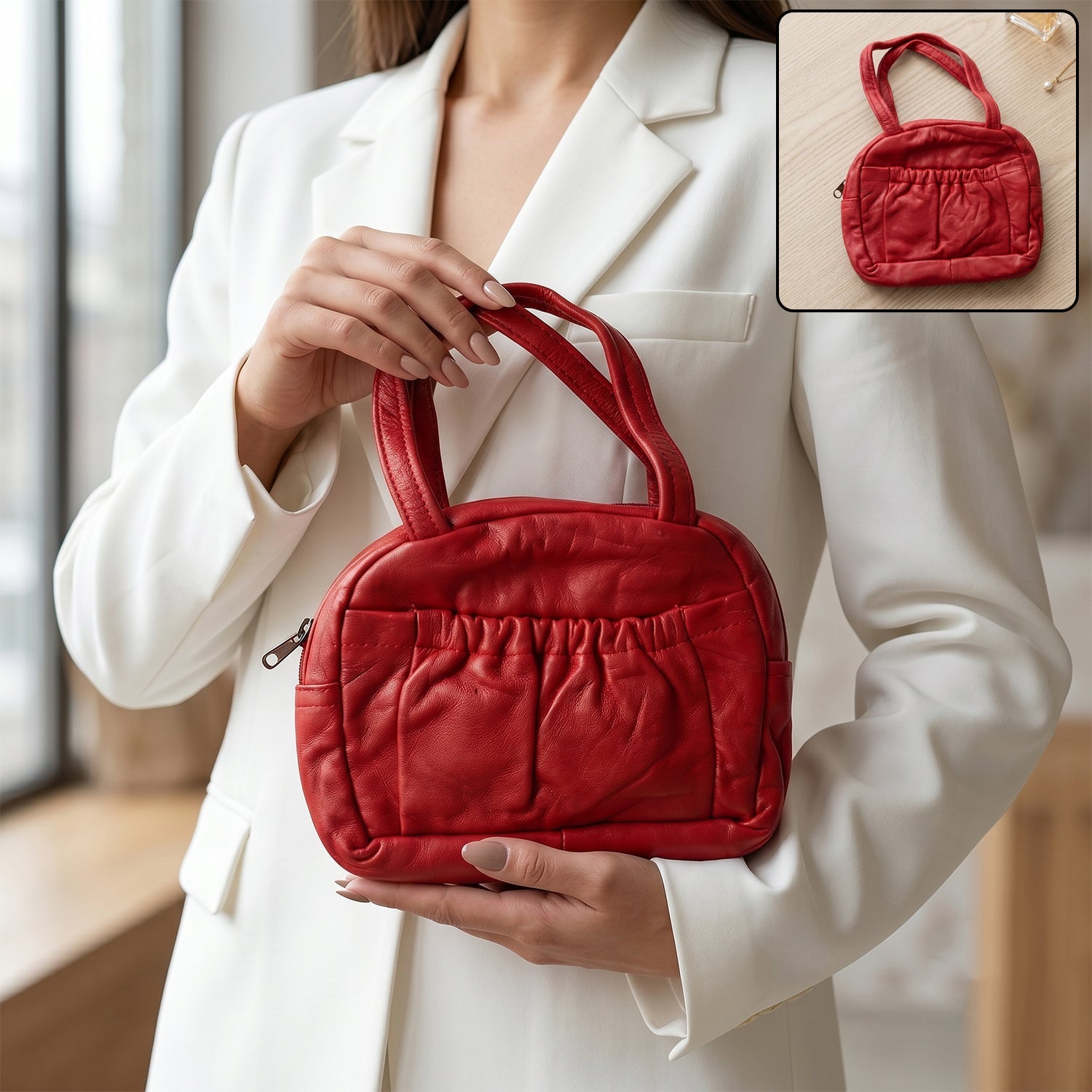 Red mini hand purse for girls with zipper closure and front pocket