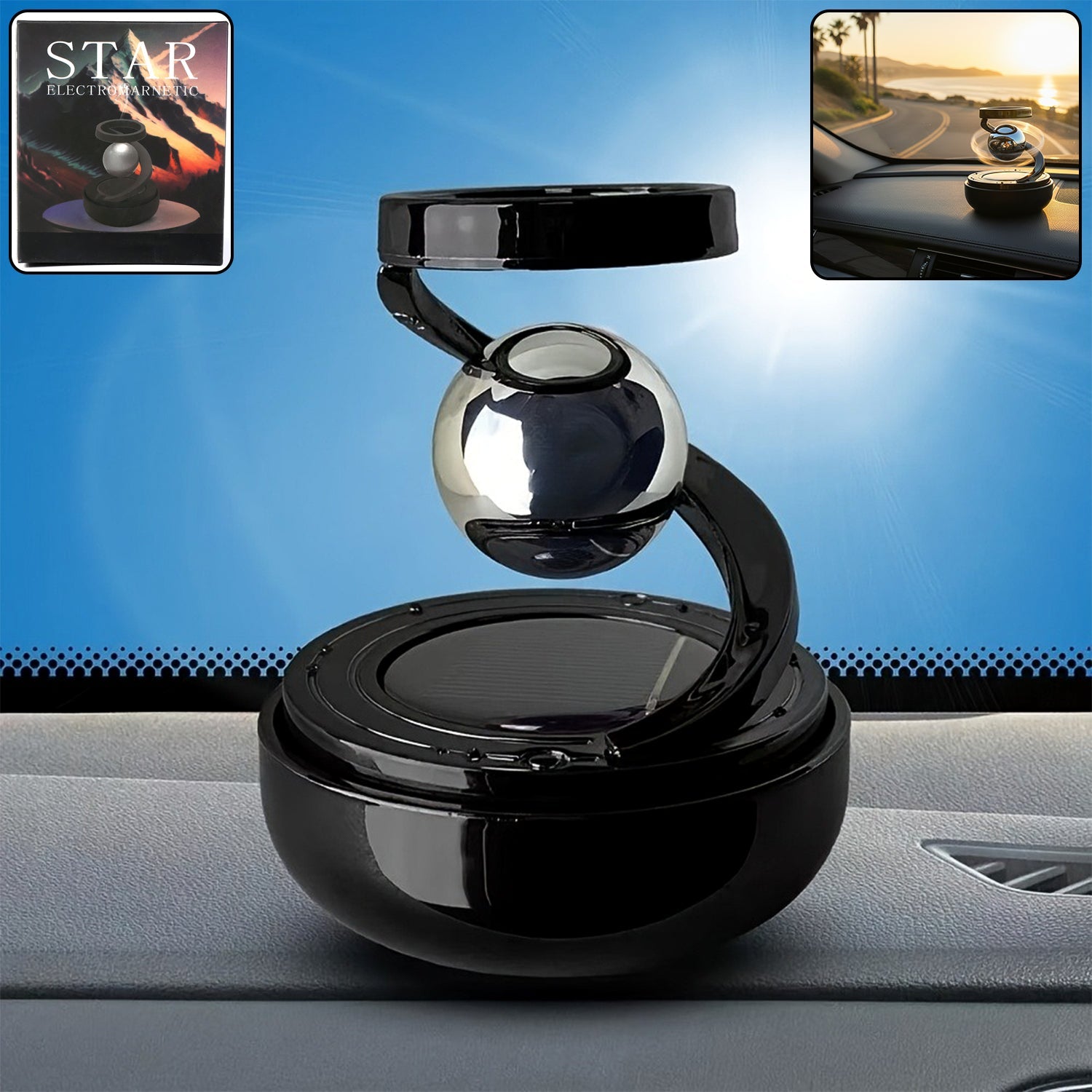 Solar-powered rotating car air freshener on dashboard