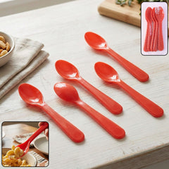 Five heat-resistant ABS plastic spoons arranged neatly