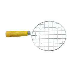 Stainless steel roaster grill held on hand showing grip