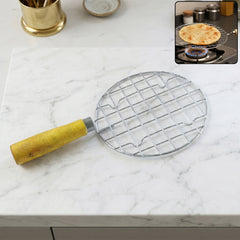 Kitchen Round Stainless Steel Roaster Papad Jali, Barbecue Grill with Wooden Handle