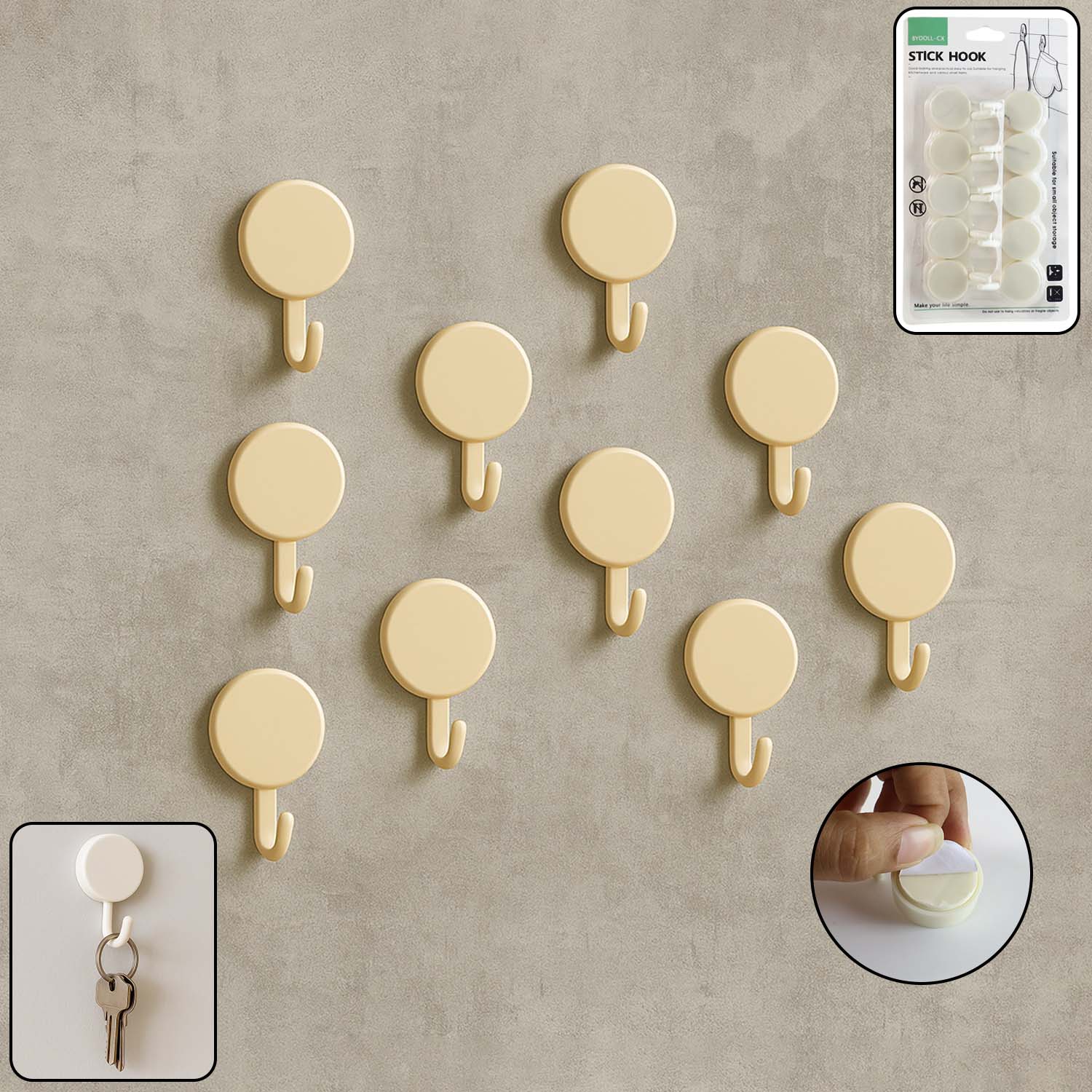 Set of 10 self adhesive round wall hooks on display