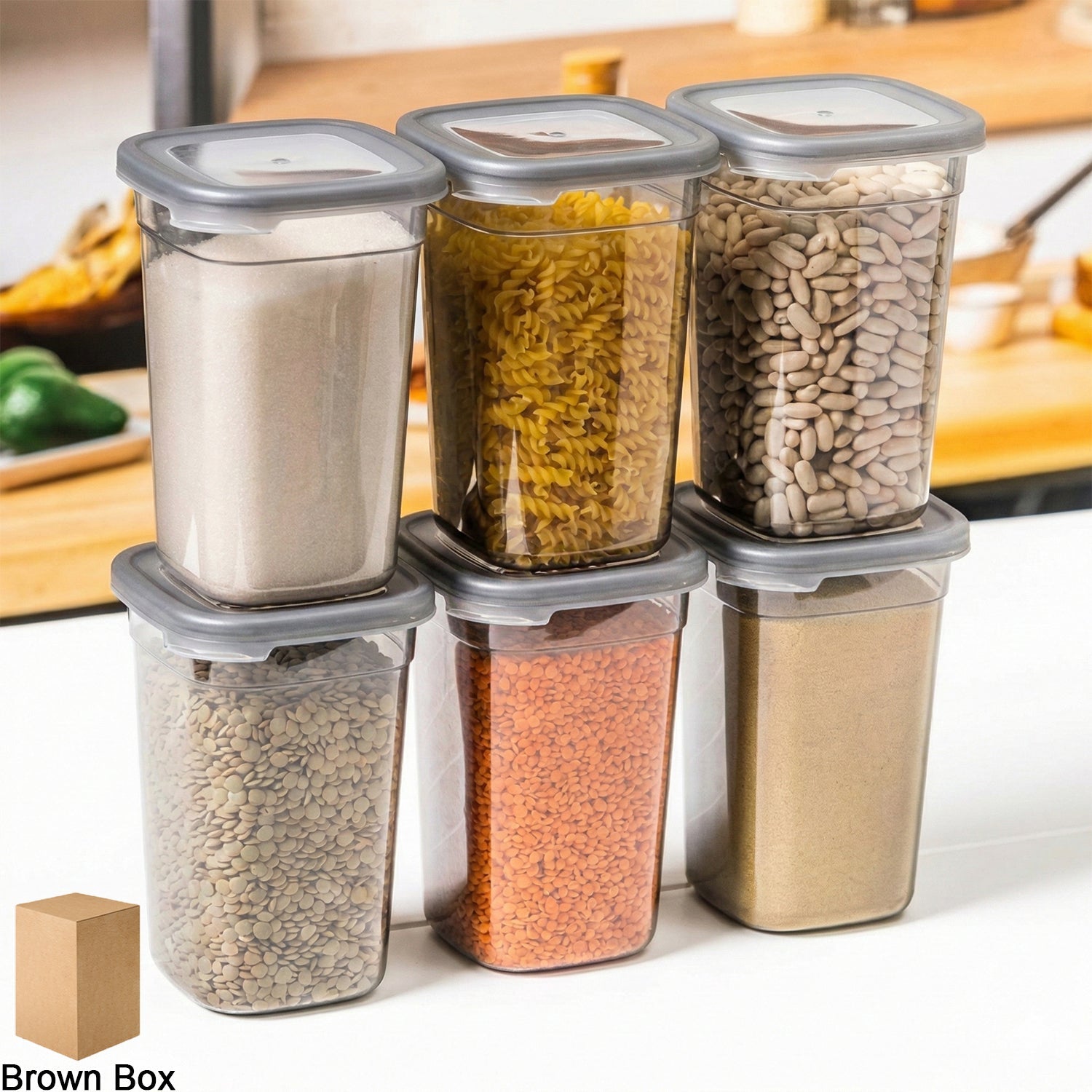 Set of six plastic airtight kitchen storage containers