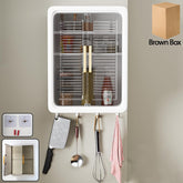 Wall-mounted kitchen storage cabinet with sliding doors and hooks