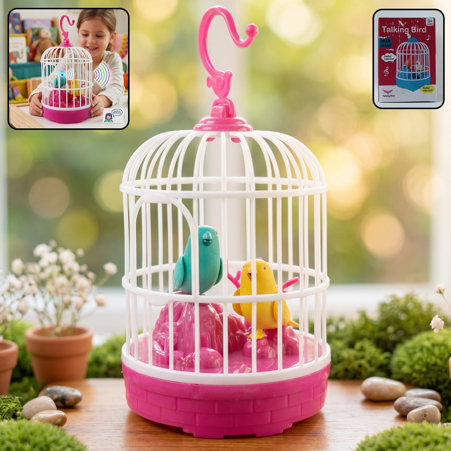 Colorful talking bird cage toy with sound and repeat features, ideal for kids' interactive play.