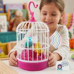 Happy children playing with a plastic, colorful talking bird cage toy with sound effects.