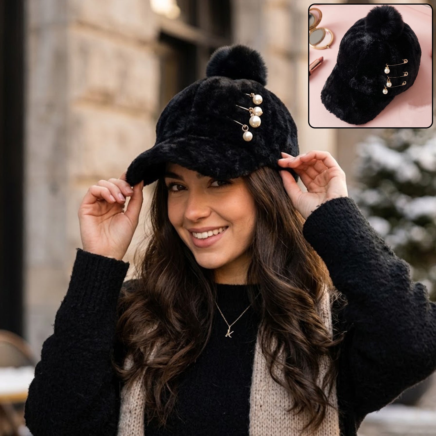 Elegant winter fur cap with pom pom and pearl chain