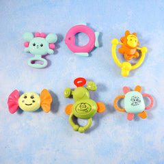Variety of baby rattles in set with different textures