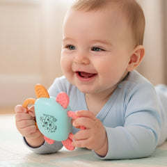 Close-up of bright baby rattles for sensory play