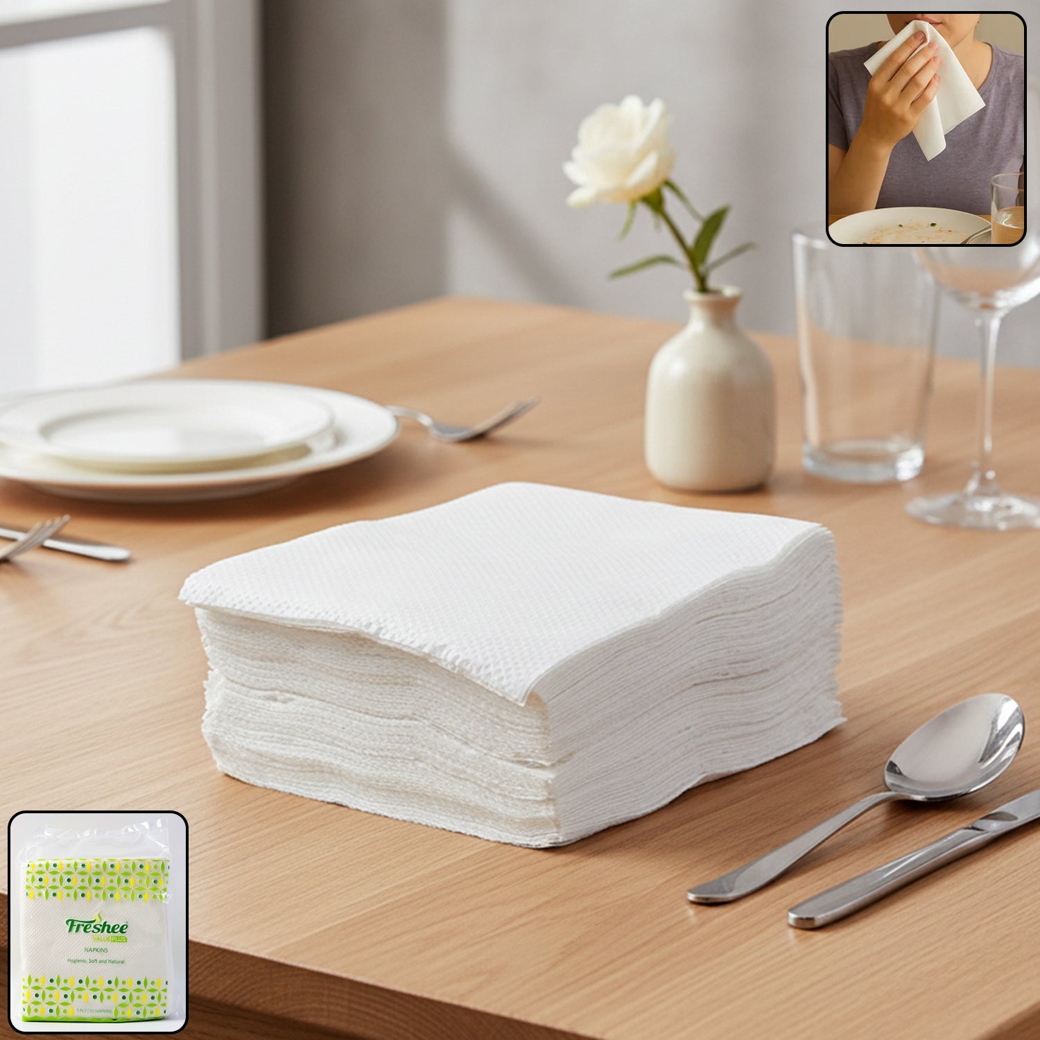 Freshee Premium Ultra-Soft Disposable Paper Napkins in pack