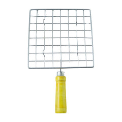 Stainless steel roaster jali held by hand showing wooden handle