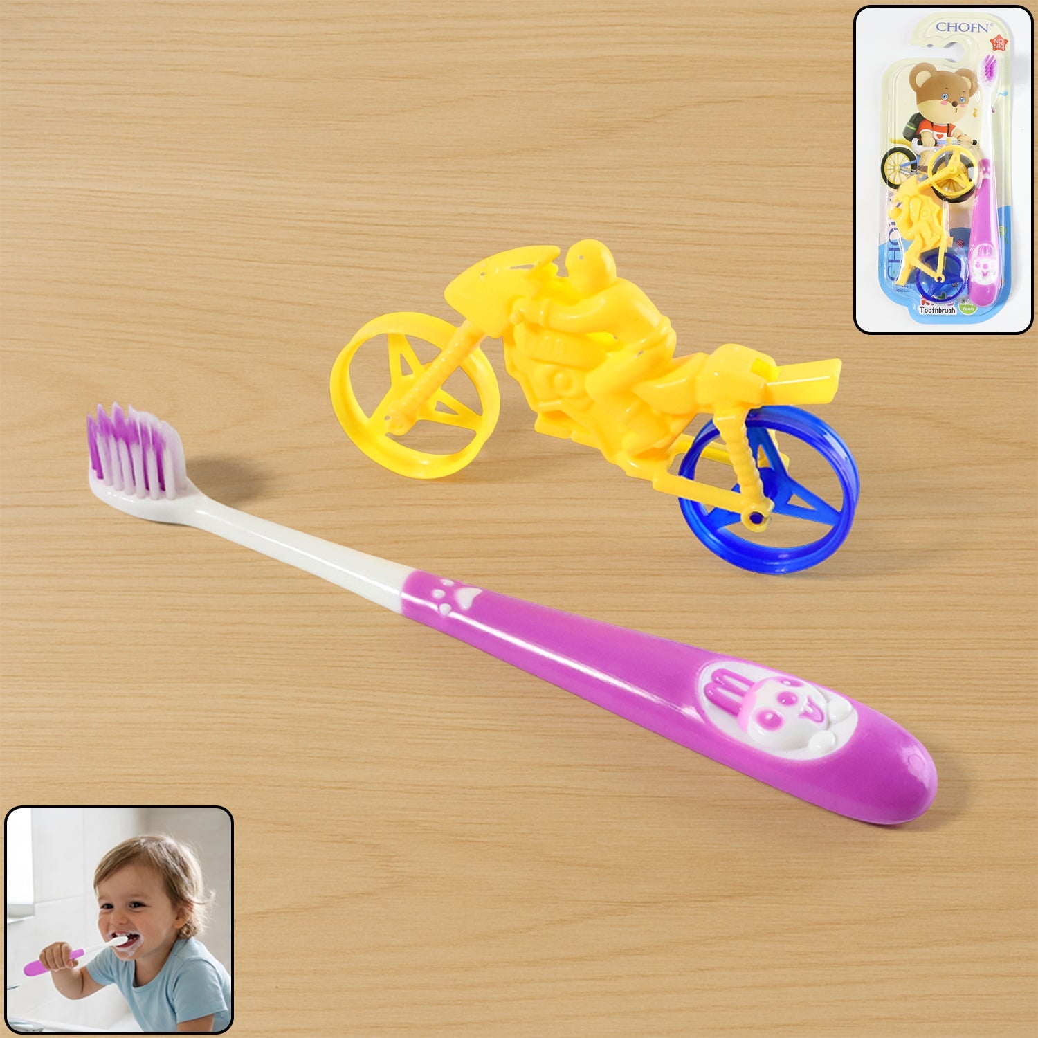 Panda kids toothbrush & red motorcycle toy set