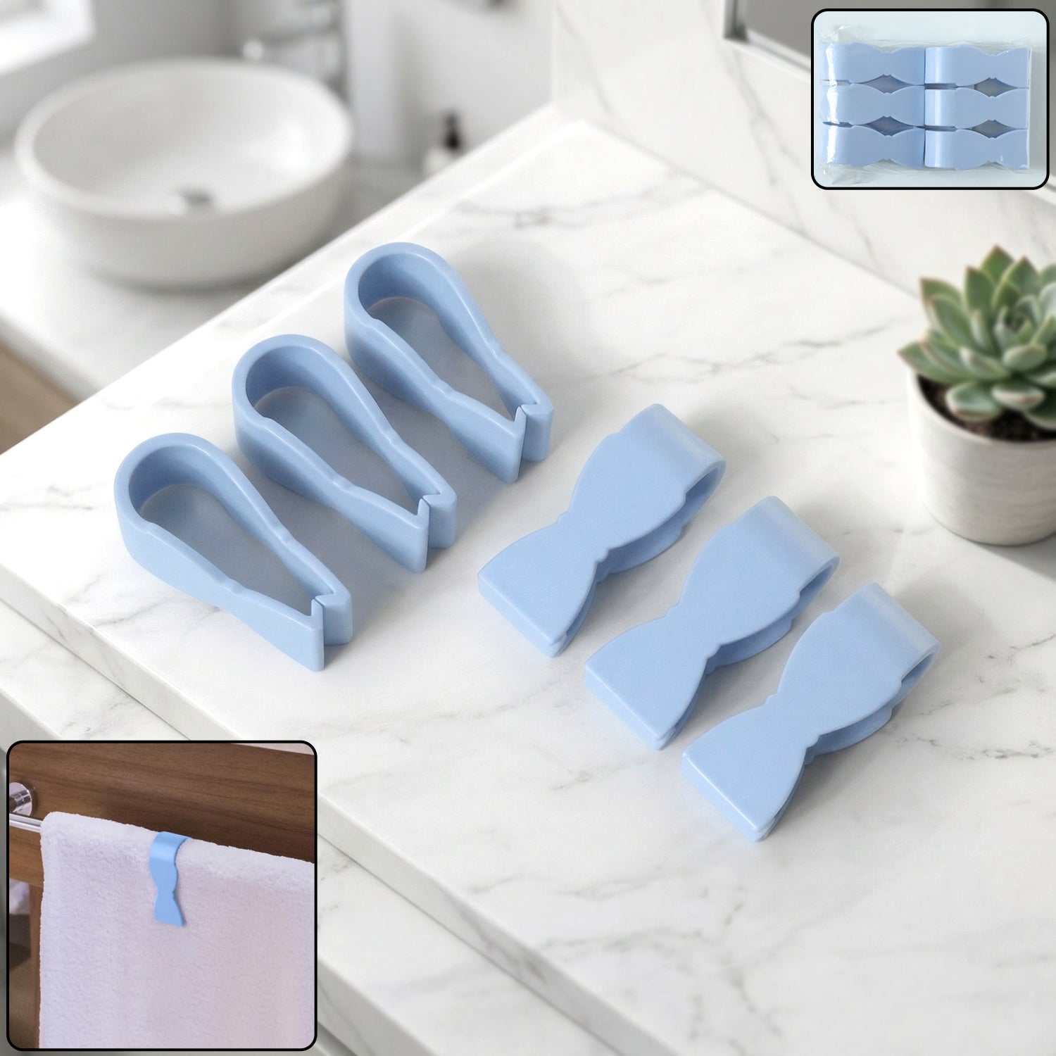 Multipurpose towel clips in use on a rod