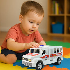 Side view of Funwoods friction powered ambulance toy for kids