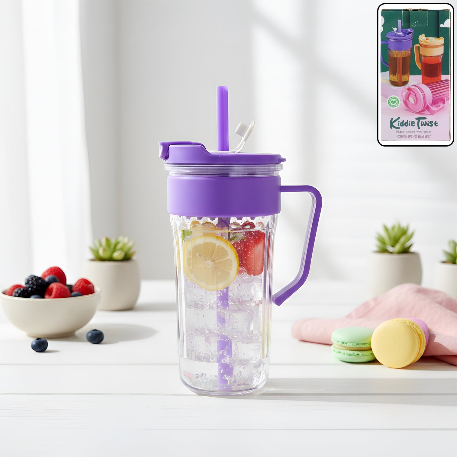 Kiddie plastic tumbler with straw and handle