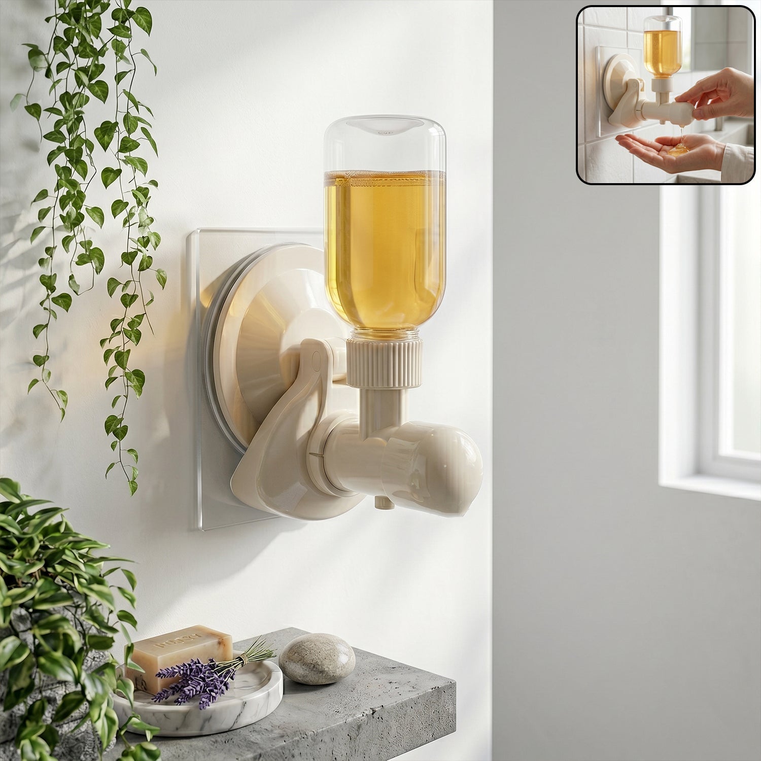 Wall-mount liquid soap dispenser with suction cup, white plastic