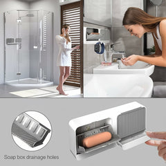 Flip-open soap holder in bathroom storage unit
