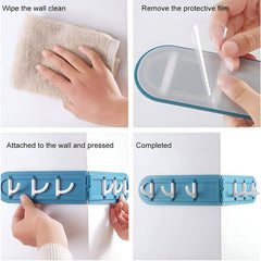 Wall-mounted hook rack holding kitchen towels and utensils