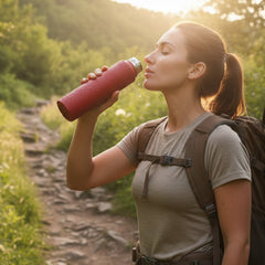 Insulated stainless steel water bottle showing label