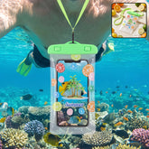 Waterproof mobile pouch with neck strap in green, shown protecting a phone.